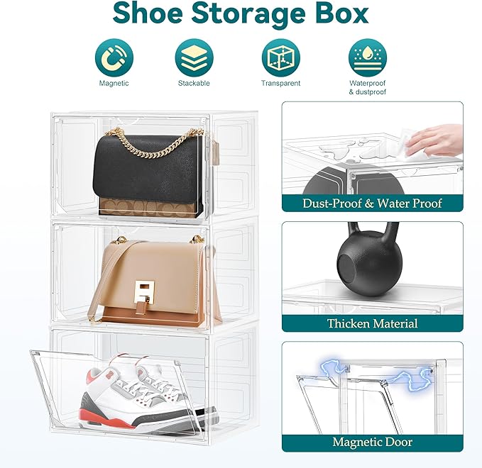6 Pack Shoe Cases for Sneakers Transparent Shoe Storage Box Hat Display Case Stackable Storage Bins for Closet with Magnetic Door, Size 12