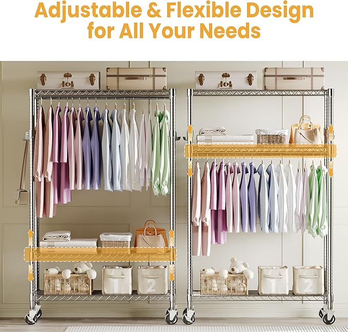 Heavy Duty Rolling Clothes Rack,Load 693LBS Clothing Racks for Hanging Clothes,Free Standing Closet Organizers and Storage Garment Racks with Wheels,Rods,Side Hooks,76"h x 45"w x 16"d