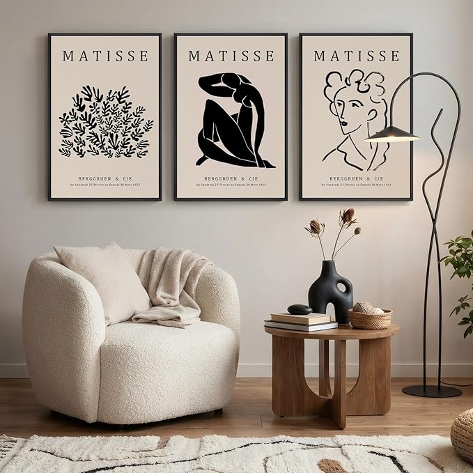 Framed Matisse Canvas Wall Art for Living Room, Set of 3 Abstract Black and White Minimalist Botanical Prints for Walls, Modern Aesthetic Pictures for Bedroom, Dining Room, Hallway and Office, Total Size 30x60