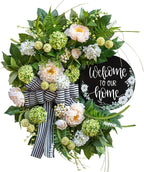 Spring Summer Wreaths for Front Door, Half Circle Summer Wreath with Hydrangea & Peony, Striped Bow & Welcome Sign – 24 Inch Indoor/Outdoor Seasonal, Housewarming & Festive Spring Door Wreath Decor