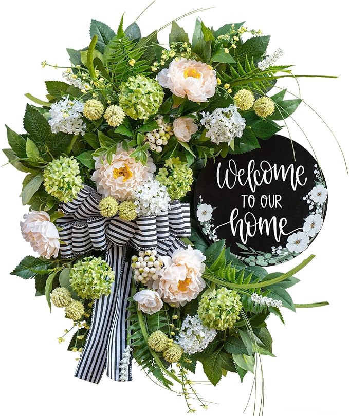 Spring Summer Wreaths for Front Door, Half Circle Summer Wreath with Hydrangea & Peony, Striped Bow & Welcome Sign – 24 Inch Indoor/Outdoor Seasonal, Housewarming & Festive Spring Door Wreath Decor