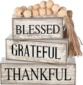 4 Pcs Farmhouse Wooden Tabletop Decor Neutral Farmhouse Tiered Tray Decor Rustic Retro Wood Bead Garland Blessed Grateful Thankful Block Sign Centerpiece for Coffee Home Office Shelf Mantle Table
