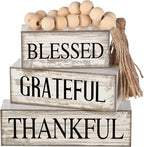 4 Pcs Farmhouse Wooden Tabletop Decor Neutral Farmhouse Tiered Tray Decor Rustic Retro Wood Bead Garland Blessed Grateful Thankful Block Sign Centerpiece for Coffee Home Office Shelf Mantle Table