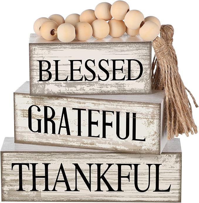 4 Pcs Farmhouse Wooden Tabletop Decor Neutral Farmhouse Tiered Tray Decor Rustic Retro Wood Bead Garland Blessed Grateful Thankful Block Sign Centerpiece for Coffee Home Office Shelf Mantle Table