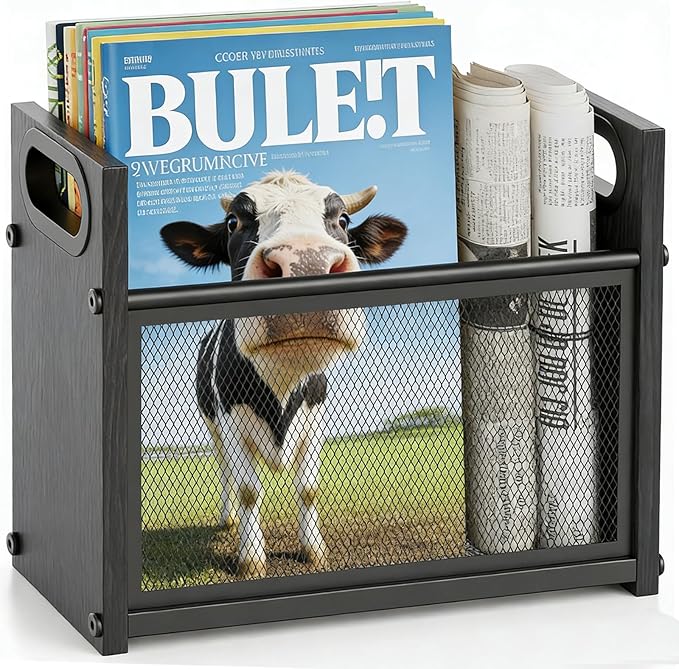 Magazine Rack & Holder, Mesh Magazine Rack Floor, Multi-Purpose Storage Organizer for Magazines, Books, Newspapers, Mail, Tablets | Magazines Storage Basket for Home, Office, Bathroom, Black Walnut