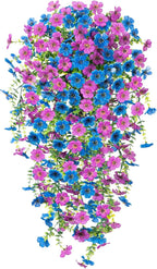 Artificial Flowers for Outdoors Home Decor, 2 Packs Faux Daisy Silk Flower Realistic Fake Plants for Front Porch Courtyard Outside Hanging Floral Spring Summer Fake Planter Decoration (Purple Blue)