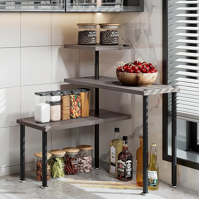 Countertop Organizer Organization 3 Tier Kitchen Corner Shelves Adjustable Spice Storage Rack for Bathroom Coffee Area Over Sink (Dark Gray Oak)