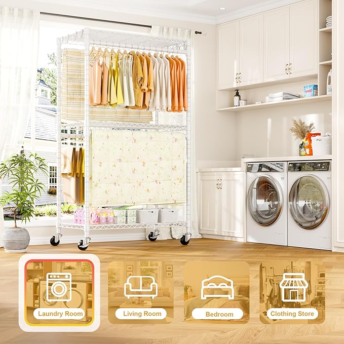 P5 Rolling Clothes Rack Heavy Duty, Clothing Racks for Hanging Clothes, Metal Garment Rack with Wheels, 3-Tier Portable Closet Rack 39.4'' W × 20.5'' D × 80.5'' H, Max Load 650 Lbs, White