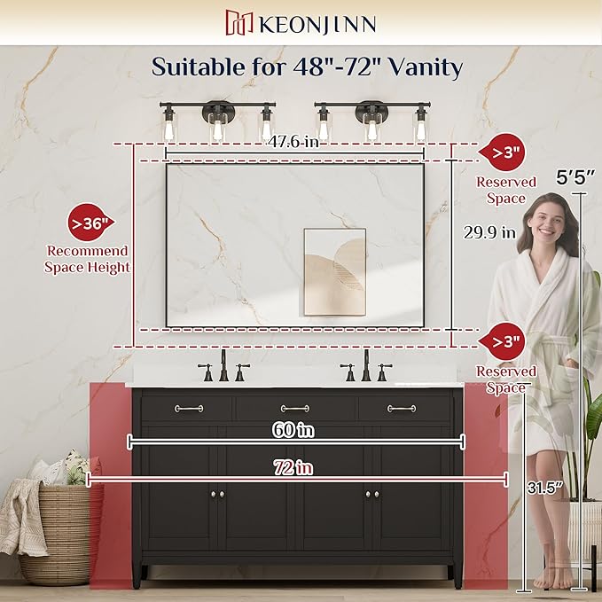 Keonjinn Black Framed Mirror for Bathroom 48 x 30 Inch Large Matte Black Bathroom Mirror Rectangle Wall Mirror Square Corner Metal Frame Farmhouse Bathroom Mirror for Over Sink(Horizontal/Vertical)