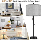 Kondras Table Lamps for Bedroom Set of 2, 23''-30'' Adjustable Height Bedside Lamps with 2 USB Ports, Black Nightstand Lamps with Grey Linen Shade, Modern Stylish Living Room Lamp Set with Pull Chain
