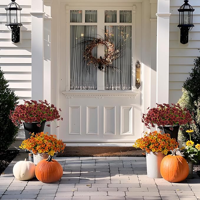 Artificial Fake Plants Flowers for Outdoor Outside Fall Decoration,12 Bundles Faux Silk Daisy in Planter UV Resistant Look Real for Home Front Door Porch Patio Garden Balcony Autumn Decor