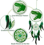 Basumee Dream Catcher for Kids Feather Dream Catchers Handmade Home Decor Wall Hanging with Double Ring for Nursery Bedroom Boys Room, Green Dinosaur