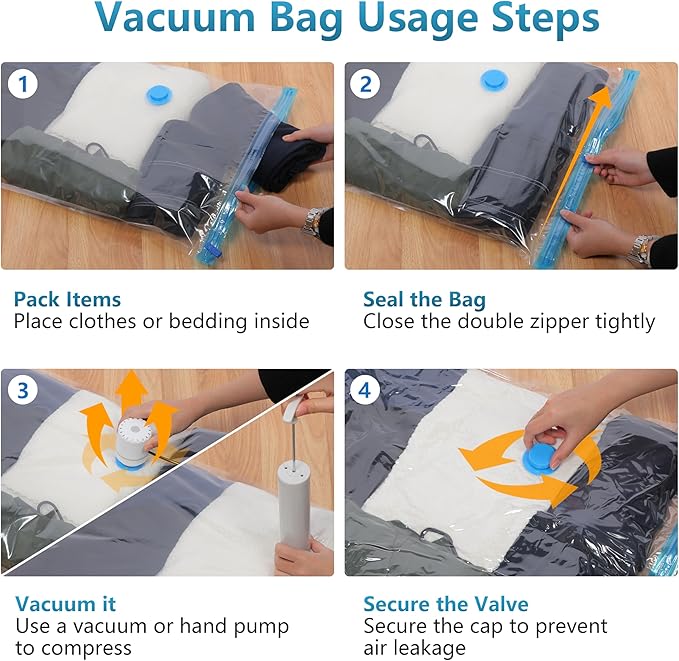 6 Pack Vacuum Storage Bags，Space Saver Bags(6 Pack Large),Compression for Comforters and Blankets, Sealer Clothes Storage, Hand Pump Included