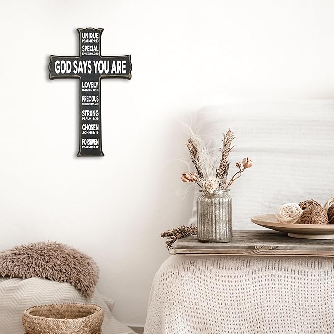 VZVCTFS God Says You Are Wooden Cross - 6.5x10 Inch Inspirational Bible Verse Wall Decor for Home Office Kitchen, Christian Scripture Hanging Gift for Easter Christmas（Black）- A06