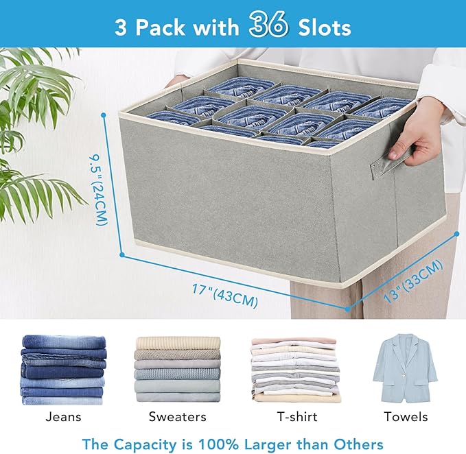 3 Pcs 12 Cell Large Size Pants Organizers for Clothes, Jeans, Sweater, T-shirt, Dress Stackable for Wardrobe Closet Drawer Organizer Storage Bin Container, Grey