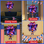 Lighted Up 4th of July Wreaths with Bow, Red White and Blue Mesh Artificial Wreath, American Flag Patriotic Gnome Wreath Decor for Independence Day Front Door Farmhouse Home Wall