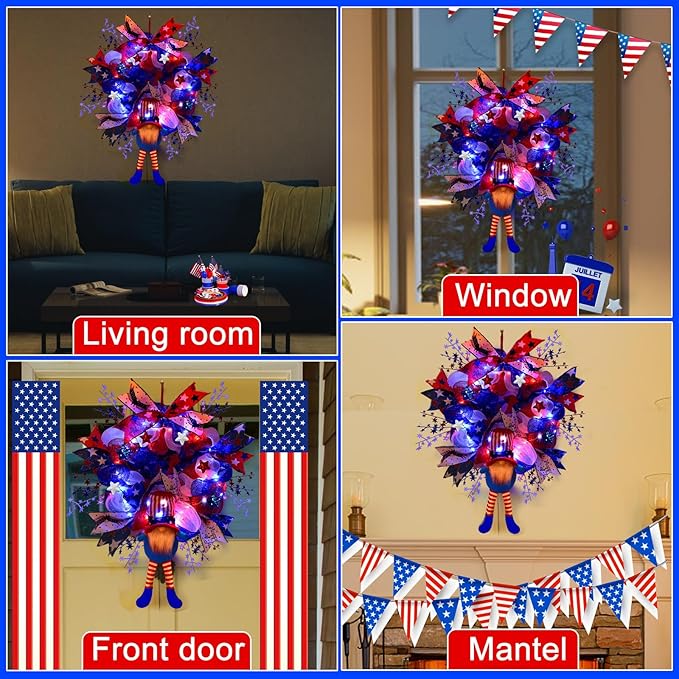 Lighted Up 4th of July Wreaths with Bow, Red White and Blue Mesh Artificial Wreath, American Flag Patriotic Gnome Wreath Decor for Independence Day Front Door Farmhouse Home Wall