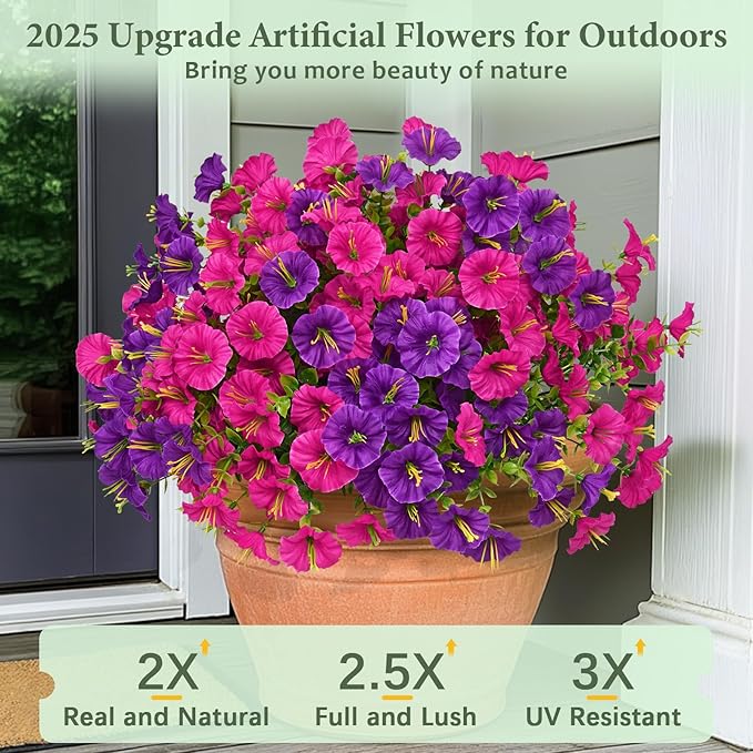 MARTINE MALL 12 Bundles Look Real Artificial Flowers for Outdoors, Realistic Fake Outdoor Flowers, UV Resistant Silk Petunia Flowers for Outside Faux Flowers Plants for Outdoor Porch, Purple+Fuchsia