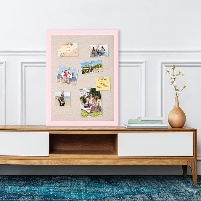 DOLLAR BOSS Bulletin Board with Linen 24'' x 18'' Pink Framed Cork Boards for Walls, Photo Display Pin Board, Decorative Corkboard for Office Home School Girls Dorm Decor with 10 Pushpins, White