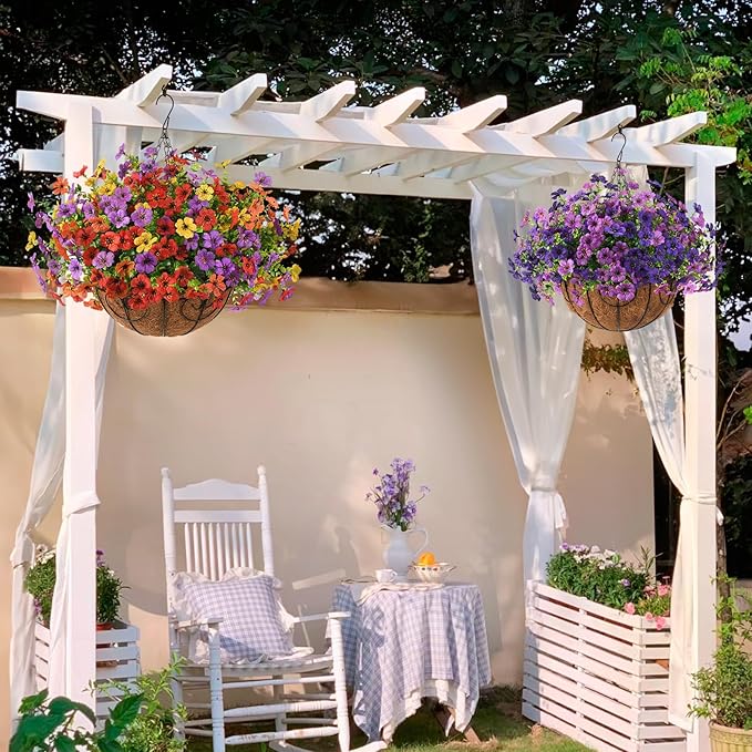 Artificial Faux Hanging Flowers Plants with Basket for Outdoor Spring Decoration, Fake Silk Daisy Outside Indoor UV Resistant Look Real Yard Patio Front Porch Garden Balcony Home Decor(MIx1)