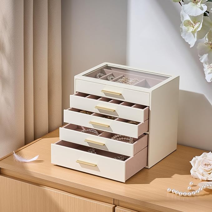 pickpiff Jewelry Box Organizer Case for Women: 5-Layer Jewelry Storage Case with Glass Window, Ivory Leather with Pink Velvet, Holder for Ring Necklace Bracelet Brooch Watch, Great Gift for Her