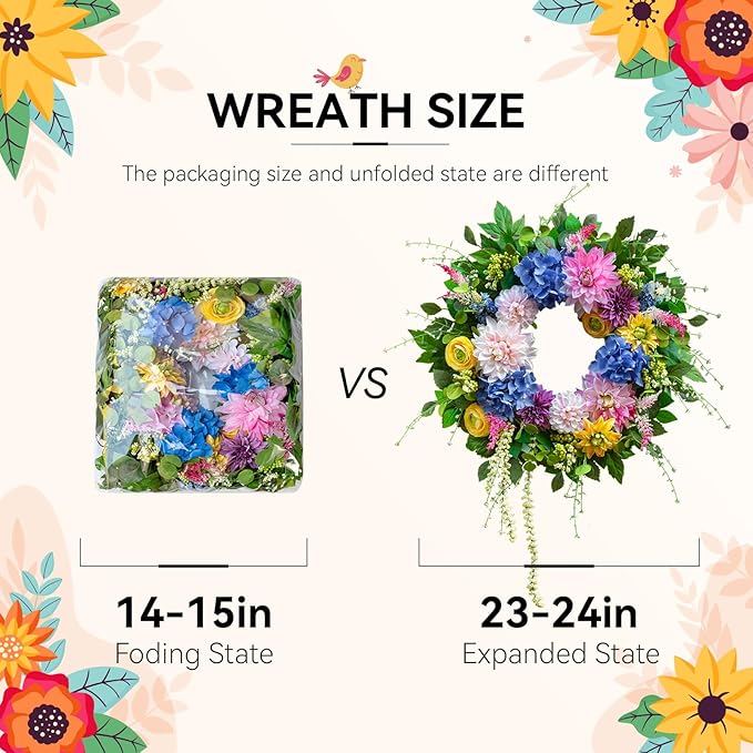 Spring and Summer Wreaths for Front Door 24 Inch Summer Wreath with Vibrant Dahlia, Gerbera Daisy & Primula Floral Arrangement - All Seasons Summer & Spring Door Wreath for Outside Decor