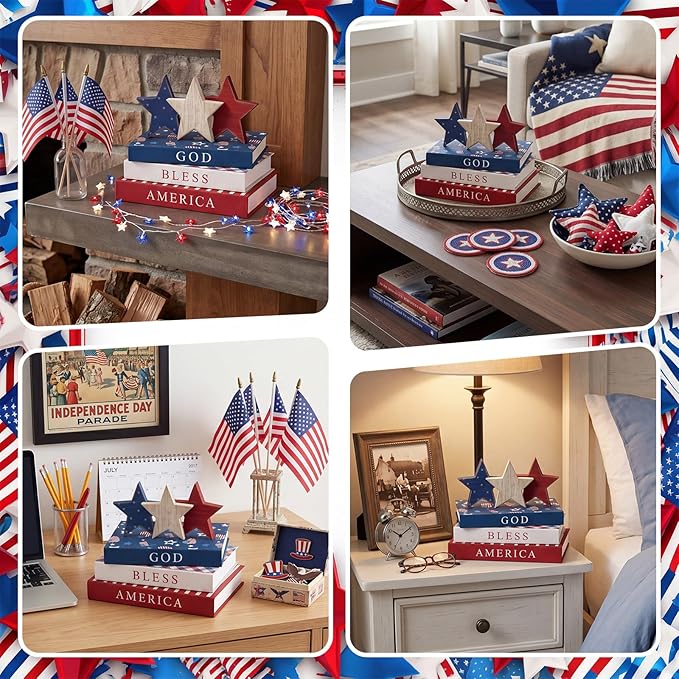 Thyle 4th of July Fake Decorative Books Wooden Star Table Signs Faux Stars Patriotic Decor Farmhouse Decoration Books for Independence Day 250th Anniversary Party Office Home Shelf Table Decor