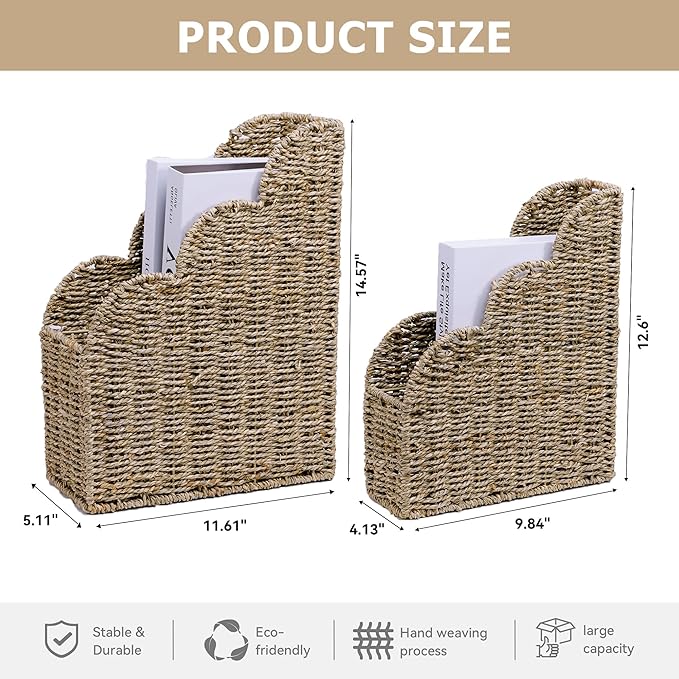 BROWNLILY Scalloped Magazine Holder Set of 2 - Natural Handwoven Seagrass Book Baskets for Bedroom, Bathroom, Living Room, Home, Office - Home Organization and Storage