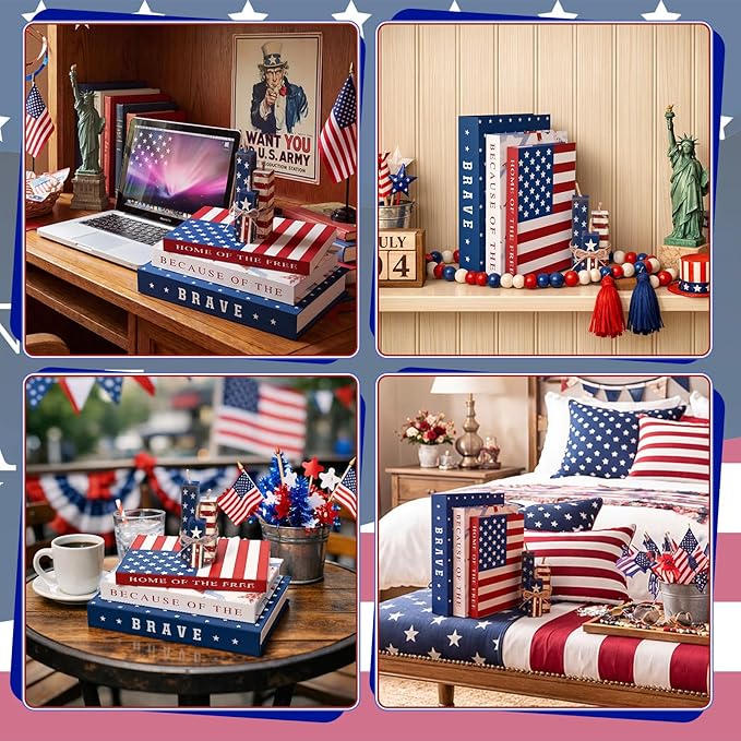 Thyle 4th of July Fake Decorative Books Wooden Firecracker Table Signs Faux Patriotic Decor Farmhouse Decoration Books for Independence Day 250th Anniversary Party Office Home Shelf Table Decor