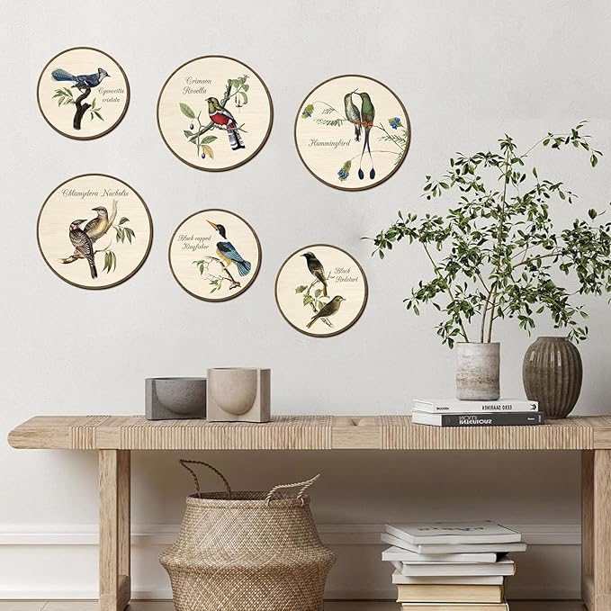 TOARTi 6pcs Vintage Bird Wall Art Set(9.9”x3/7.9”x3) Round Bird Botanical Wooden Plaques Rustic Bird Plant Round Wall Hanging Farmhouse Birds Wall Decor for Home Bedroom Living Room Bird Lover Gift