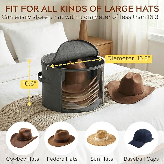 Ofiray-home 2 Pack Large Clear Hat Storage Boxes, Hold up to 7-9 Hats, Hat Organizer for Closet, Durable & Foldable, Hat Box with Carrying Handles for Round Brim, Wide-Brim, Cowboy, Sun Hat (Gray)
