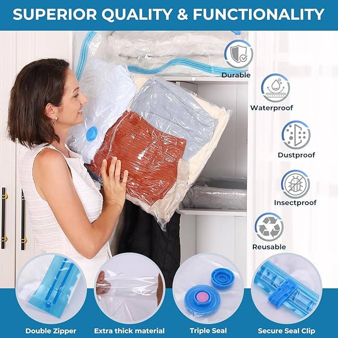 Vacuum Bags for Travel with Portable Electric Pump,12 Pack Vacuum Seal Bags for Luggage and Suitcase Compression, Space Saver Vacuum Storage Bags for Clothes and Clothing Travel