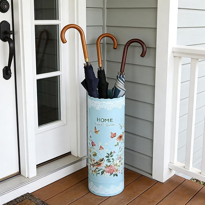 Vintage Metal Round Umbrella Holder Decorative Flower Design Umbrella Stands Entryway Organizer Bucket for Home/Office/Farmhouse - Holds Multiple Umbrellas, Walking Sticks & Canes Flower Blue
