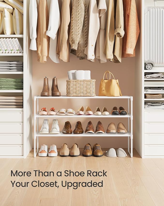 SONGMICS Shoe Rack, 3-Tier Shoe Organizer, Metal Storage Shelf, Upright or Upside Down, for 16-20 Pairs, Stackable, for Entryway, 11.8 x 36.2 x 21.7 Inches, Pearl White ULSA303W03