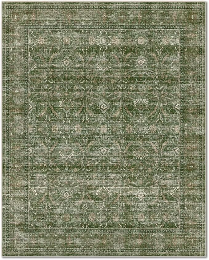 Washable 5x7 Area Rugs for Living Room, Boho Non-Slip Vintage Distress Rugs for Bedroom Dining Room Nursery Office, 0.3" Neutral Oriental Throw Thin Carpet with Cushioning Pad, Grass Green/Multi