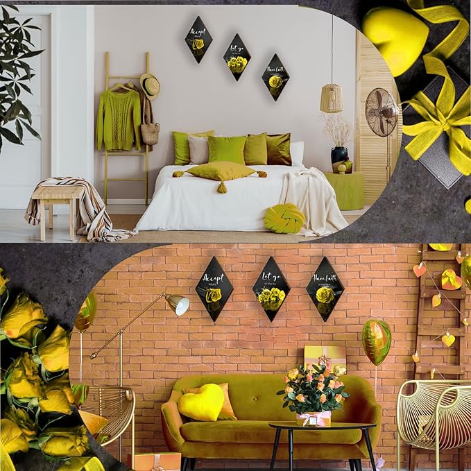 3 Pcs Yellow Rose Bathroom Wall Decor Flower Yellow Decor Inspirational Wooden Wall Art Office Wall Decor with Accept Let Go Have Faith Sign for Girl Women Bathroom Living Room Bedroom(yellow 12 x 7")