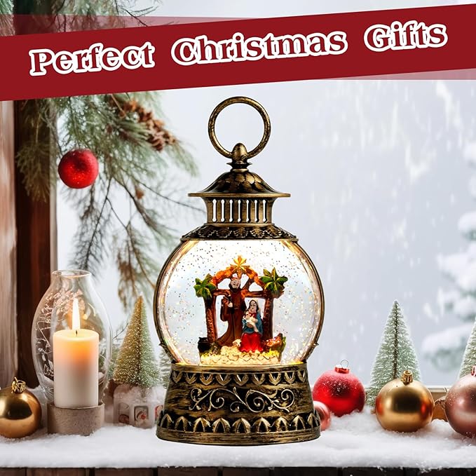 Christmas Nativity Snow Globe, Nativity Musical Snow Globe Lantern Lights with 6H Timer Battery & USB Powered, Retro Style Holiday Glitter Globe for Xmas Home Decoration Holiday Party Gifts
