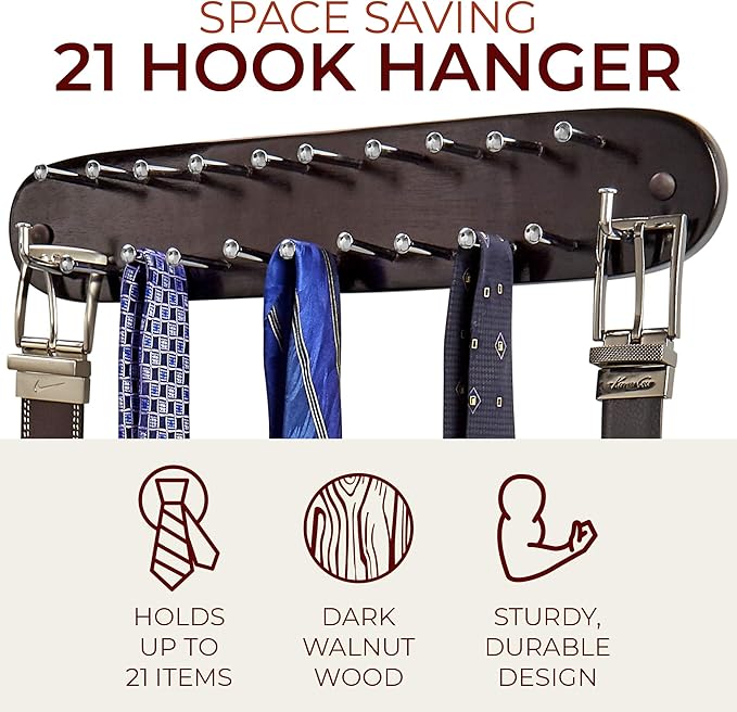 Richards Homewares Tie Rack Wall Mounted - Wood Tie Organizer for Closet 21 Chrome Hooks Storage and Organization Hnager Walnut