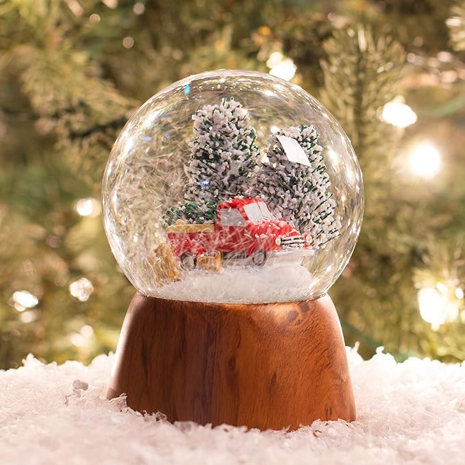 Red Truck With Dogs Cherry Woodgrain 6 x 4 Resin and Metal Holiday Musical Snow Globe