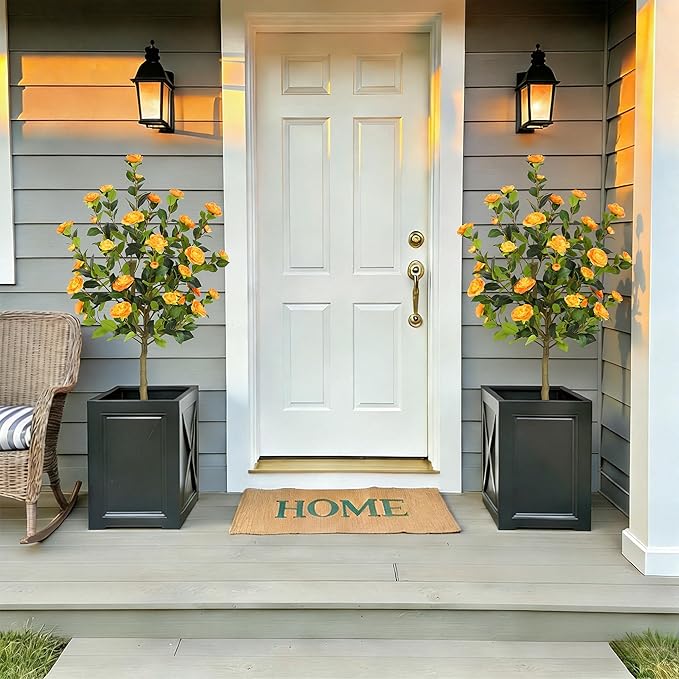 Bellacat 5ft Artificial Camellia Tree with Silk Orange Flowers, 60in Faux Camellia Plant with Lifelike Trunk, Fake Flower Tree Potted Front Door Plants for Porch Patio Deck Living Room Decor, 2Pack