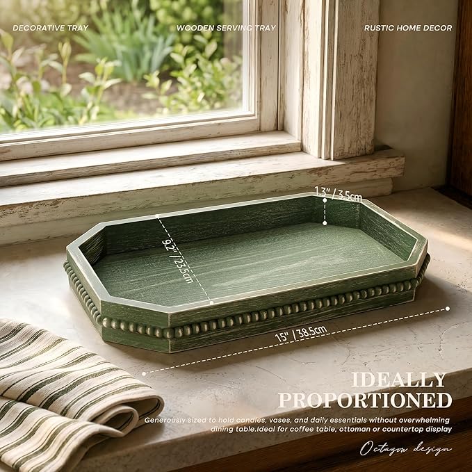Decorative Tray with Beaded for Room Decor - Wooden Serving Tray Ornament Entryway Table - Farmhouse Centerpieces for Dining Table can Beauty Home and Kitchen (Green)