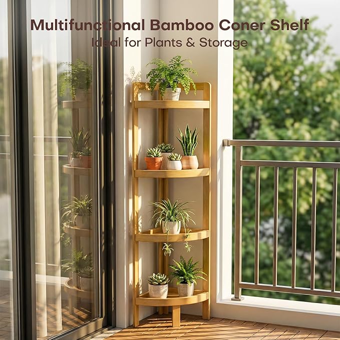 2026 New Bamboo Standing Shelf, 4 Tier Corner Shelf Stand, Free-Standing Shelf Units, Triangular Curved Corner Shelf Stand for Space-Saving Display Ideal for Bathroom/Kitchen/Living Room Storage