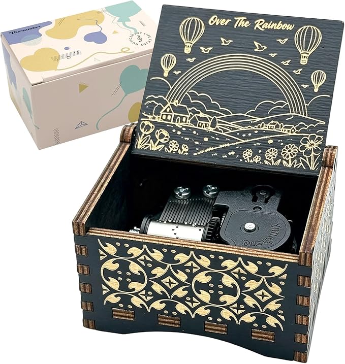 Pursuestar Somewhere Over The Rainbow Wind Up Music Box, Vintage Engraved Wood Mechanism Musical Gifts for Mother's Day Valentine's Day Christmas Thanksgiving