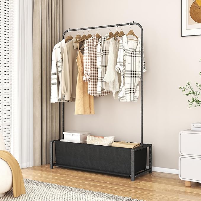 SUOERNUO Garment Rack for Hanging Clothes Rack Heavy Duty Portable with Bottom Metal Shelf Drying Coats Shirt,Black (Black Bag)