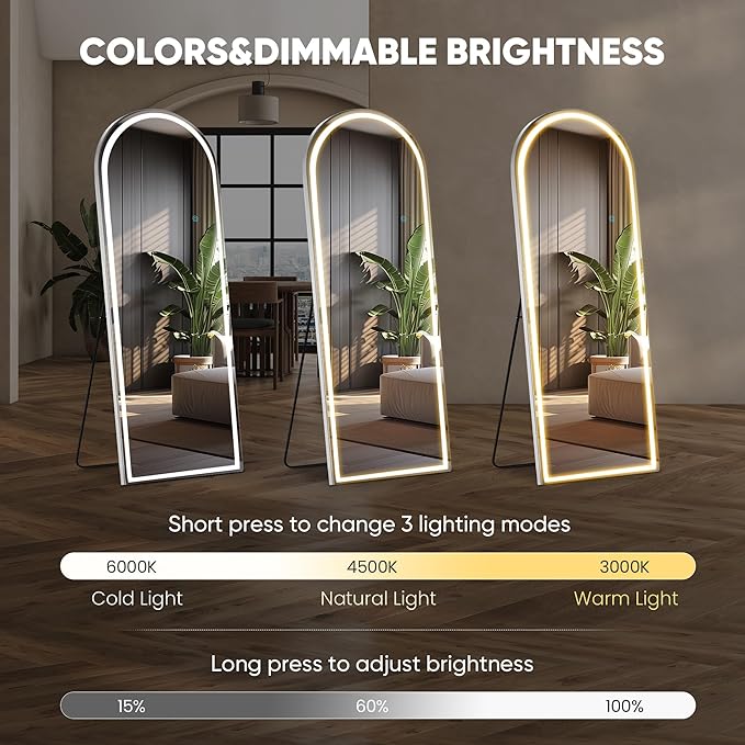 DUMOS Arched Full Length Mirror with Light, 26"x70" LED Floor Standing Mirror with 3 Color Lights & Wall Mounted for Bedroom, Dressing Room, Living Room, Bathroom