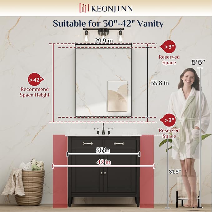 Keonjinn 30 x 36 in Brushed Nickel Bathroom Mirror for Over Sink, Rectangular Silver Metal Framed Rectangular Vanity Wall Mirror Square Corner Modern Farmhouse Rectangle Mirror(Horizontal/Vertical)