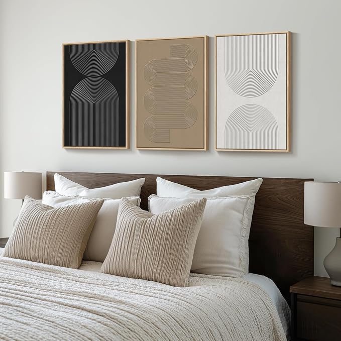 Framed Black and White Brown Abstract Wall Art, 3 Piece Boho Geometric Canvas Prints Paintings Artwork for Walls, Modern Minimalist Neutral Pictures for Living Room Dining Room Bedroom Wall Decor 16x24 In