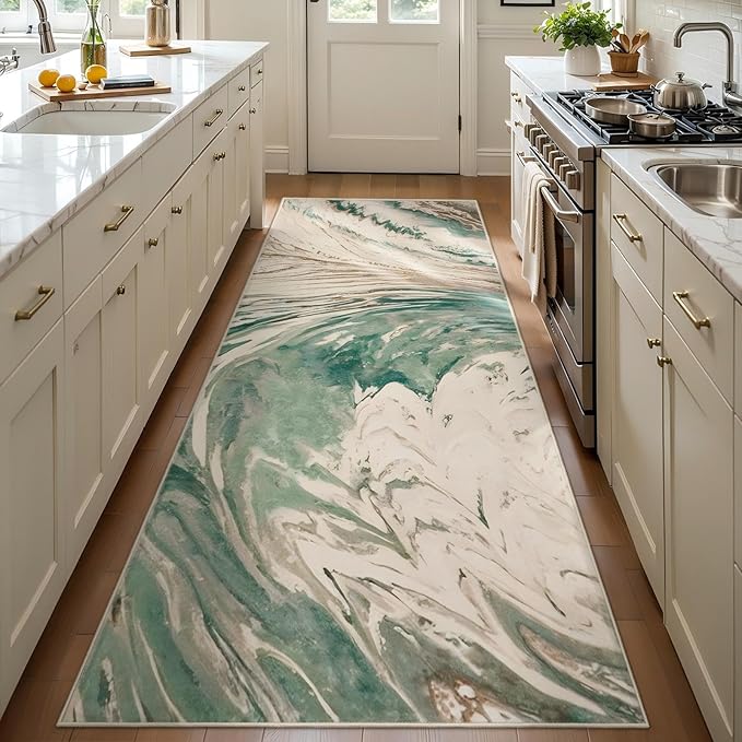Ciicool 2x6 Washable Runner Rug, Modern Abstract Soft Hallway Rugs Runner, Non-Slip Thin Accent Rug Lightweight Green Swirls Print Distressed Carpet for Laundry Entryway Bedroom Kitchen Indoor
