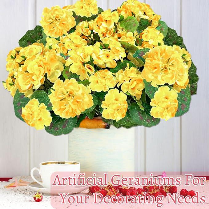 Artificial Geraniums Flowers for Outdoors Spring Decor, 4 Bundles UV Resistant Fake Geraniums Flowers Silk Faux Plants for Home Planter Gardens Table Patio Porch Indoor Cemetery Summer Decor(Yellow)