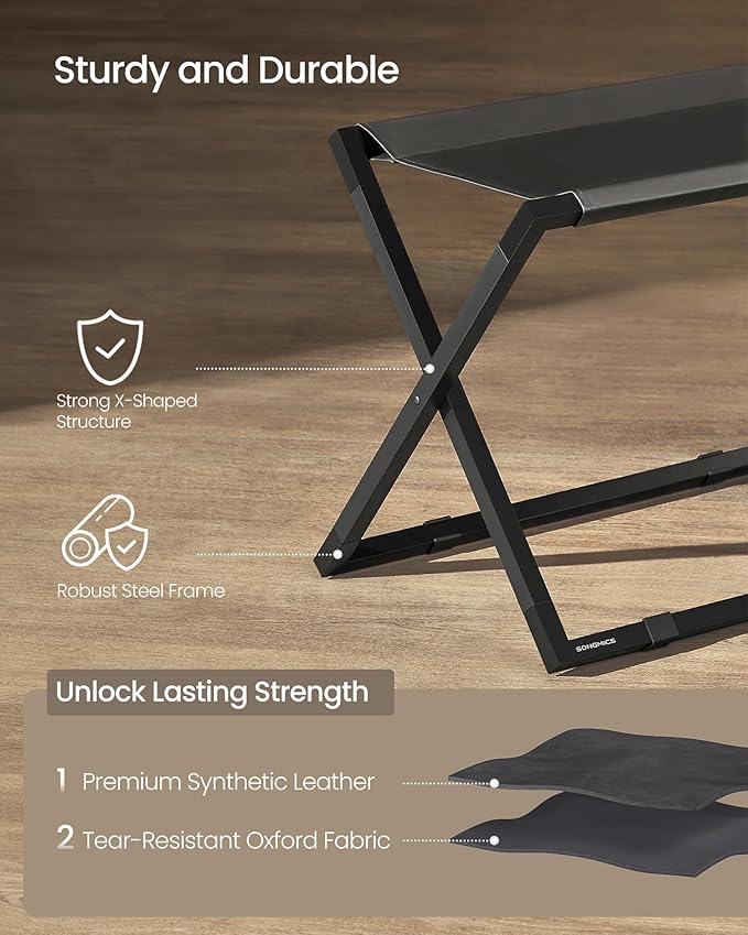 SONGMICS Luggage Rack, Foldable Suitcase Stand, Metal Luggage Holder, Synthetic Leather, Easy to Assemble, for Guest Room, Hotel, Bedroom, Ink Black and Charcoal Gray URLR009B01